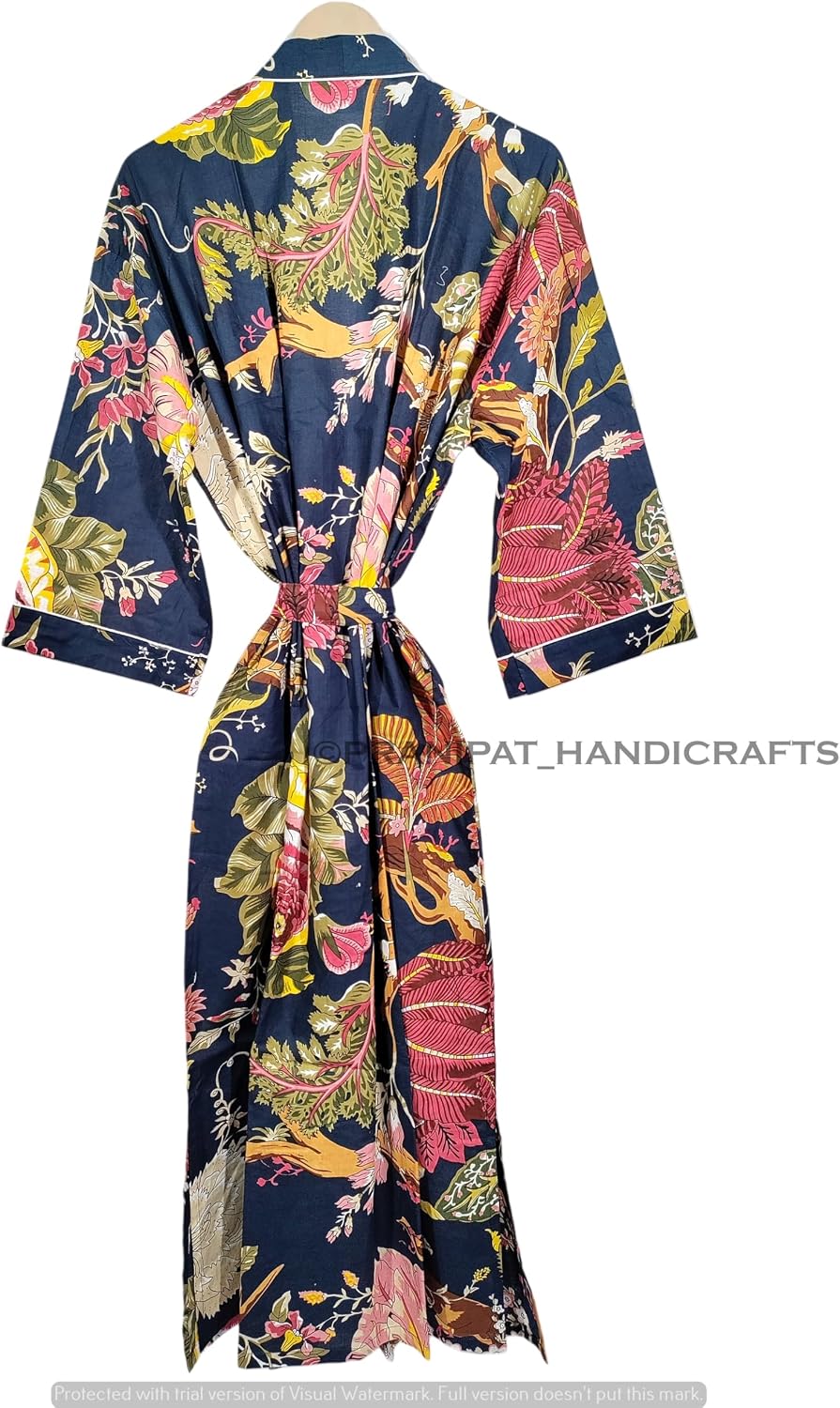 Women Cotton Kimono Robe, Navy Blue Floral Print, Lightweight, Sleepwear, Long Beach Cover Up, Plus Size, One Size
