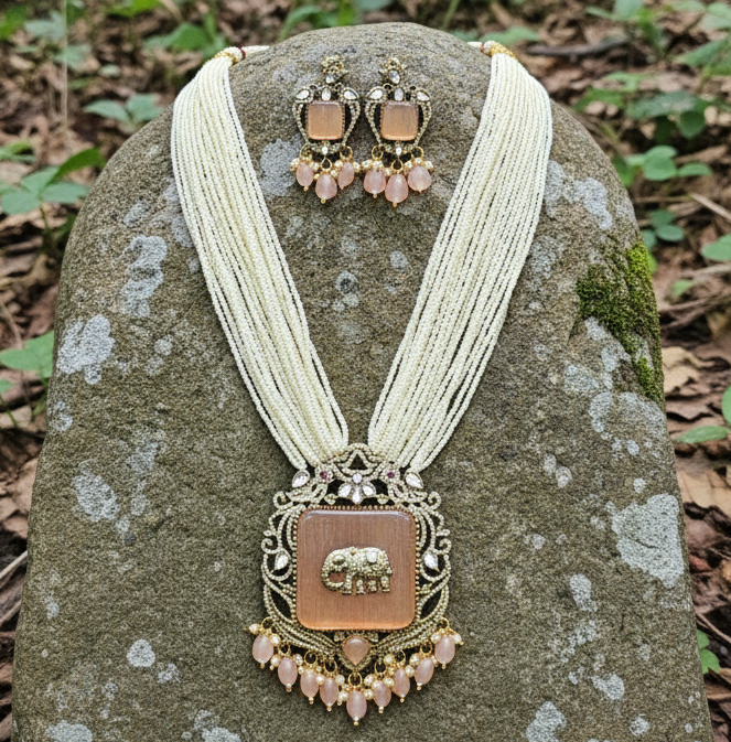Antique Gold Plated Peach Elephant Multi Layer Pearl Bridal Jewelry Set with Earrings