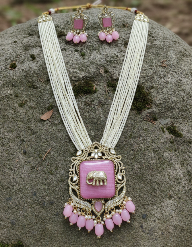 Antique Gold Plated Elephant Baby Pink Multi Layer Pearl Bridal Jewelry Set with Earrings
