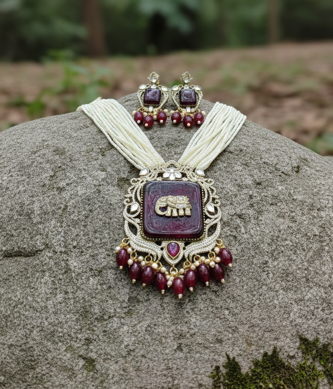 Red Antique Gold Plated Multi Layer Peral Elephant Charm Jewelry Set for Women