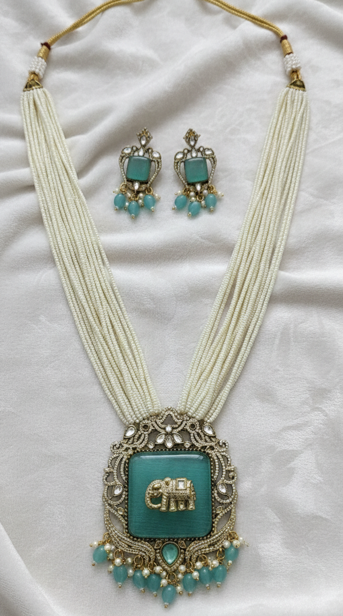 Mint Green Antique Gold Plated Multi-Layer Pearl Elephant Charm Jewelry Set For Women