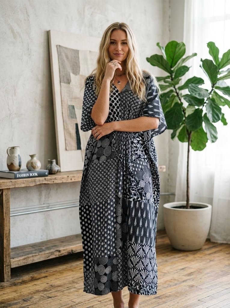 Cotton Maxi Dress, Sleepwear, Patchwork Print Caftan, Lightweight Beach Cover Up, One Size, Red