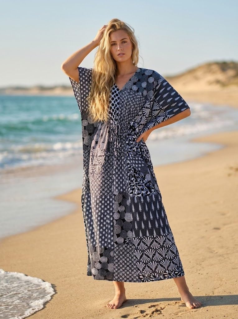 Cotton Maxi Dress, Sleepwear, Patchwork Print Caftan, Lightweight Beach Cover Up, One Size, Red
