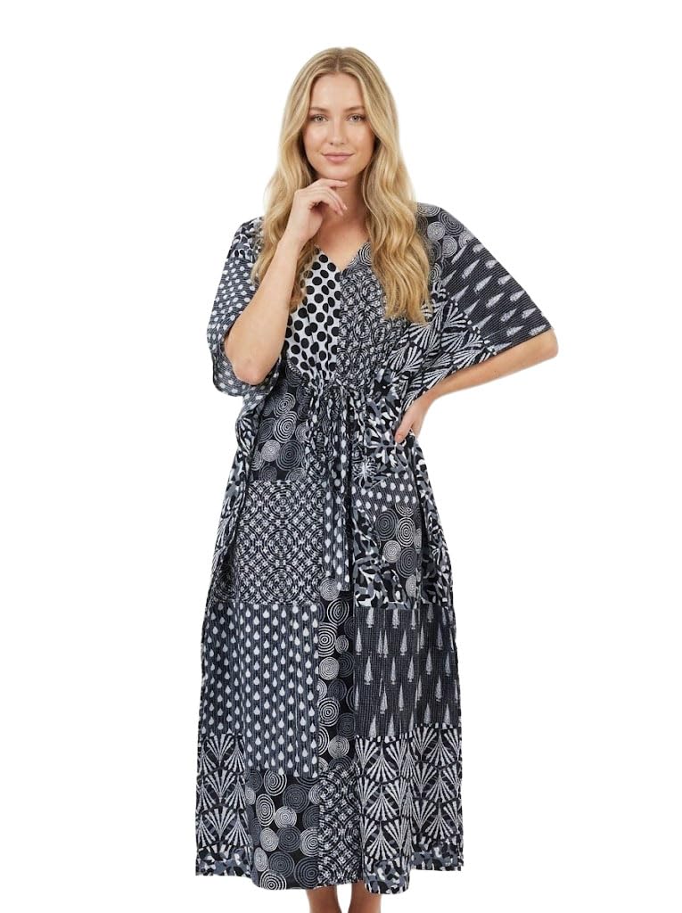 Cotton Maxi Dress, Sleepwear, Patchwork Print Caftan, Lightweight Beach Cover Up, One Size, Red