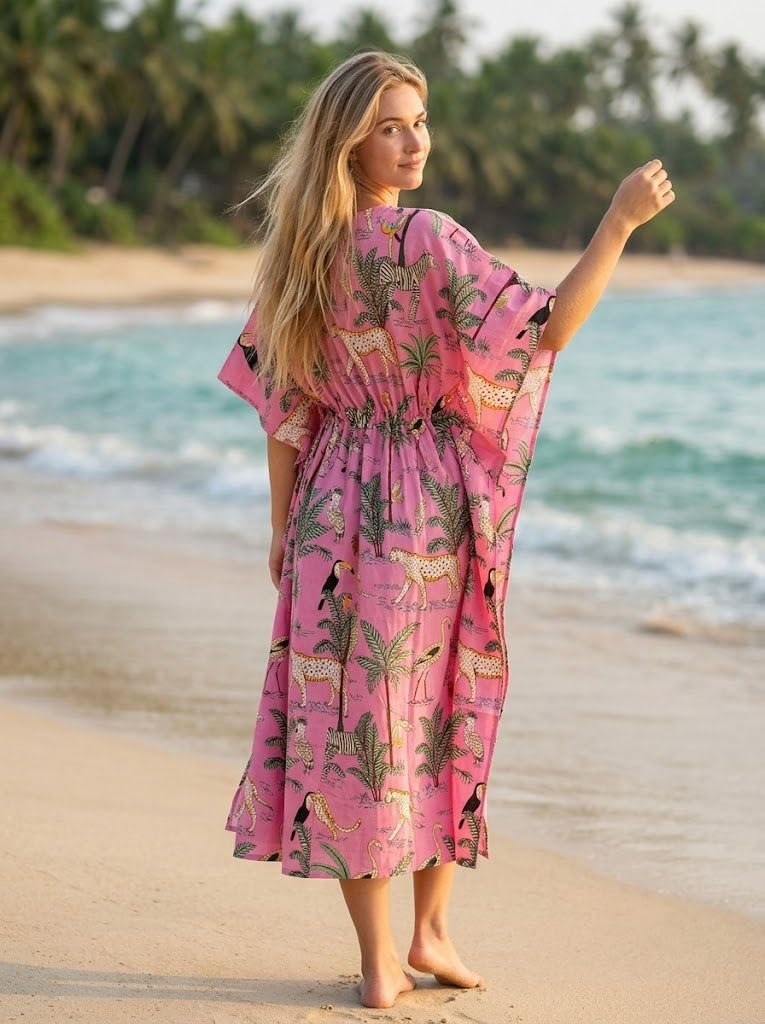 Animal Print Dress Sleepwear 100% Cotton Ethnic Maxi Beach cover up nightwear Caftan Dress