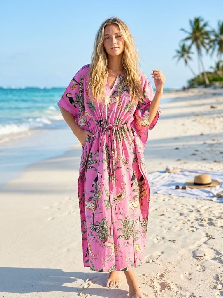 Animal Print Dress Sleepwear 100% Cotton Ethnic Maxi Beach cover up nightwear Caftan Dress
