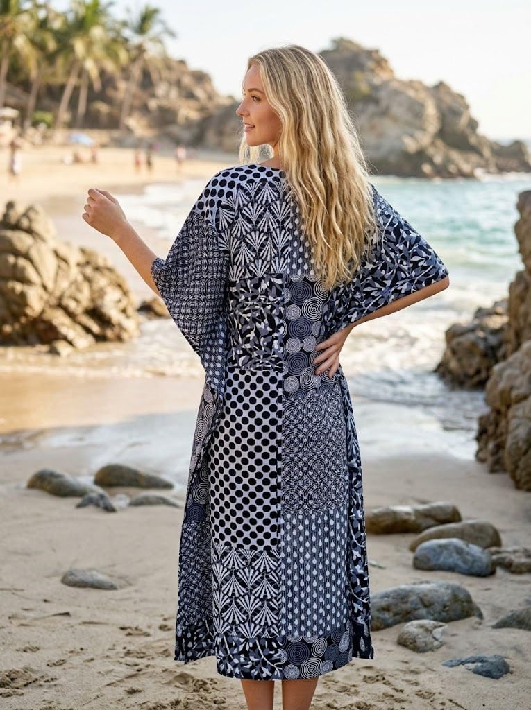 Cotton Maxi Dress, Sleepwear, Patchwork Print Caftan, Lightweight Beach Cover Up, One Size, Red