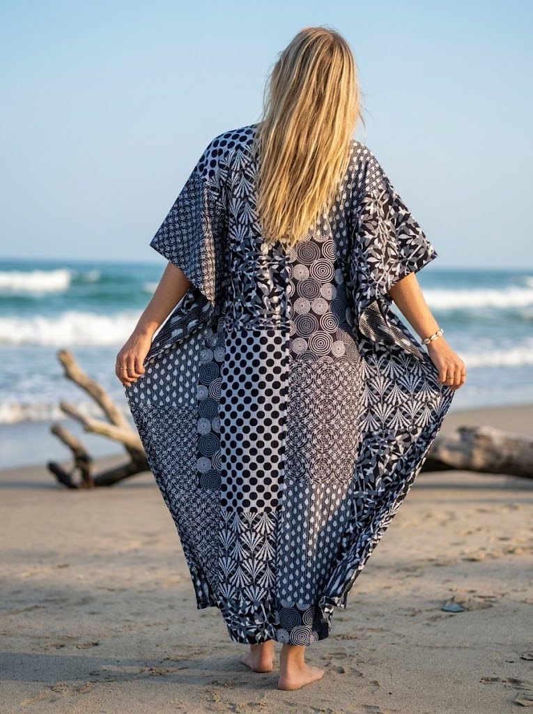 Cotton Maxi Dress, Sleepwear, Patchwork Print Caftan, Lightweight Beach Cover Up, One Size, Red