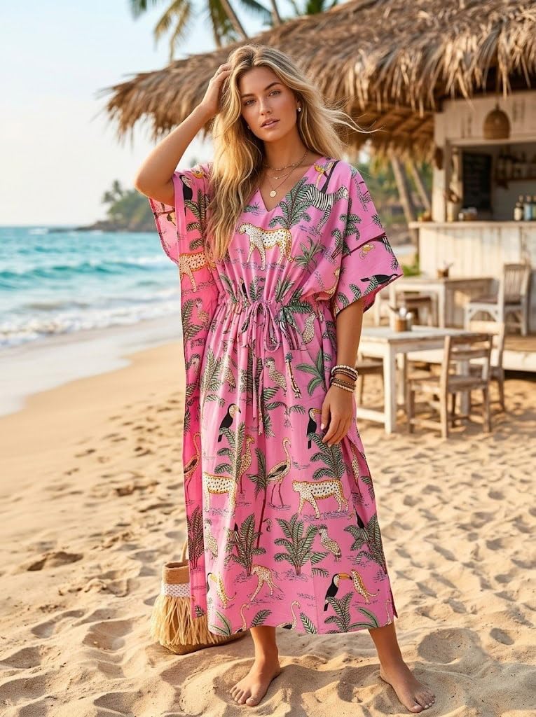 Animal Print Dress Sleepwear 100% Cotton Ethnic Maxi Beach cover up nightwear Caftan Dress