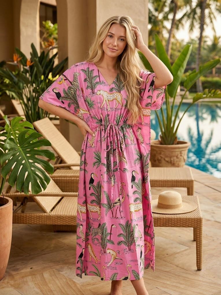 Animal Print Dress Sleepwear 100% Cotton Ethnic Maxi Beach cover up nightwear Caftan Dress
