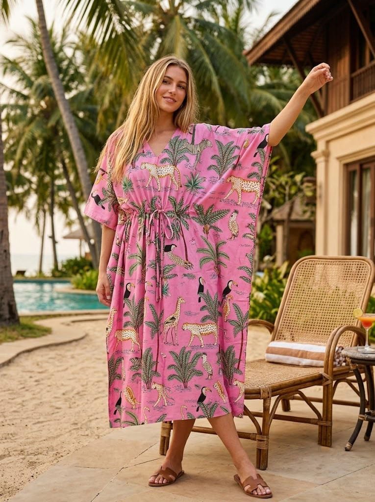 Animal Print Dress Sleepwear 100% Cotton Ethnic Maxi Beach cover up nightwear Caftan Dress