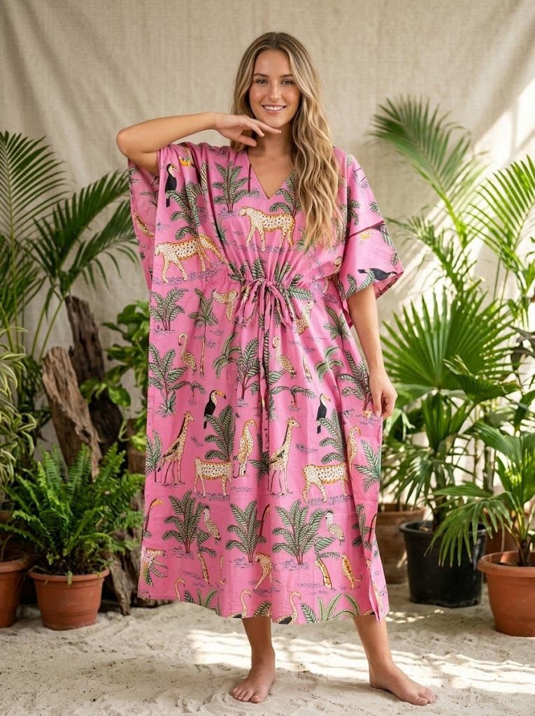 Animal Print Dress Sleepwear 100% Cotton Ethnic Maxi Beach cover up nightwear Caftan Dress