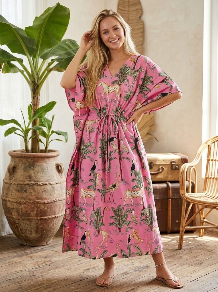 Animal Print Dress Sleepwear 100% Cotton Ethnic Maxi Beach cover up nightwear Caftan Dress