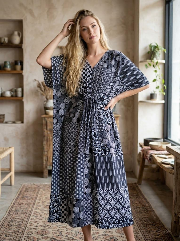 Cotton Maxi Dress, Sleepwear, Patchwork Print Caftan, Lightweight Beach Cover Up, One Size, Red
