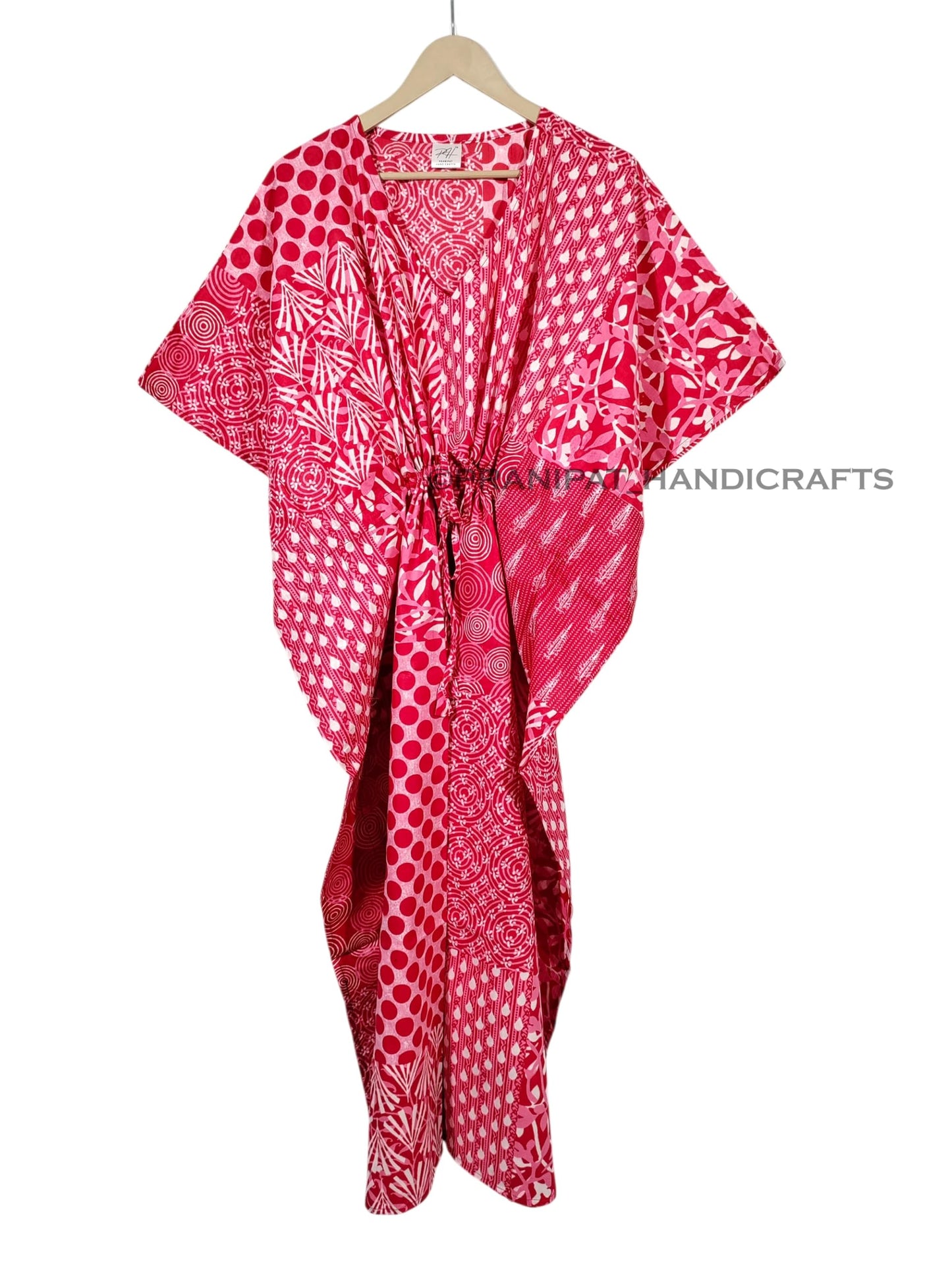 Cotton Maxi Dress, Sleepwear, Patchwork Print Caftan, Lightweight Beach Cover Up, One Size, Red