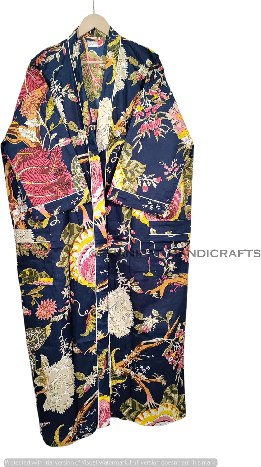 Women Cotton Kimono Robe, Navy Blue Floral Print, Lightweight, Sleepwear, Long Beach Cover Up, Plus Size, One Size