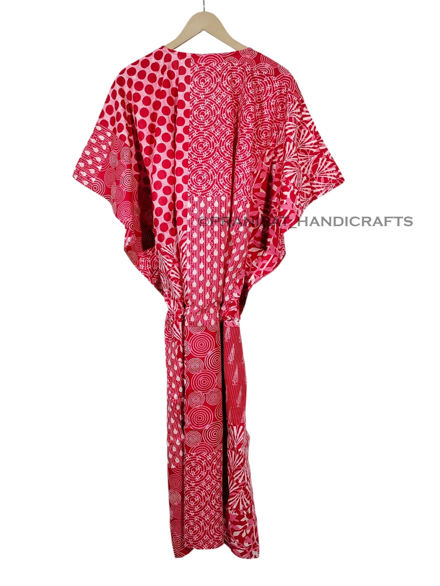 Cotton Maxi Dress, Sleepwear, Patchwork Print Caftan, Lightweight Beach Cover Up, One Size, Red