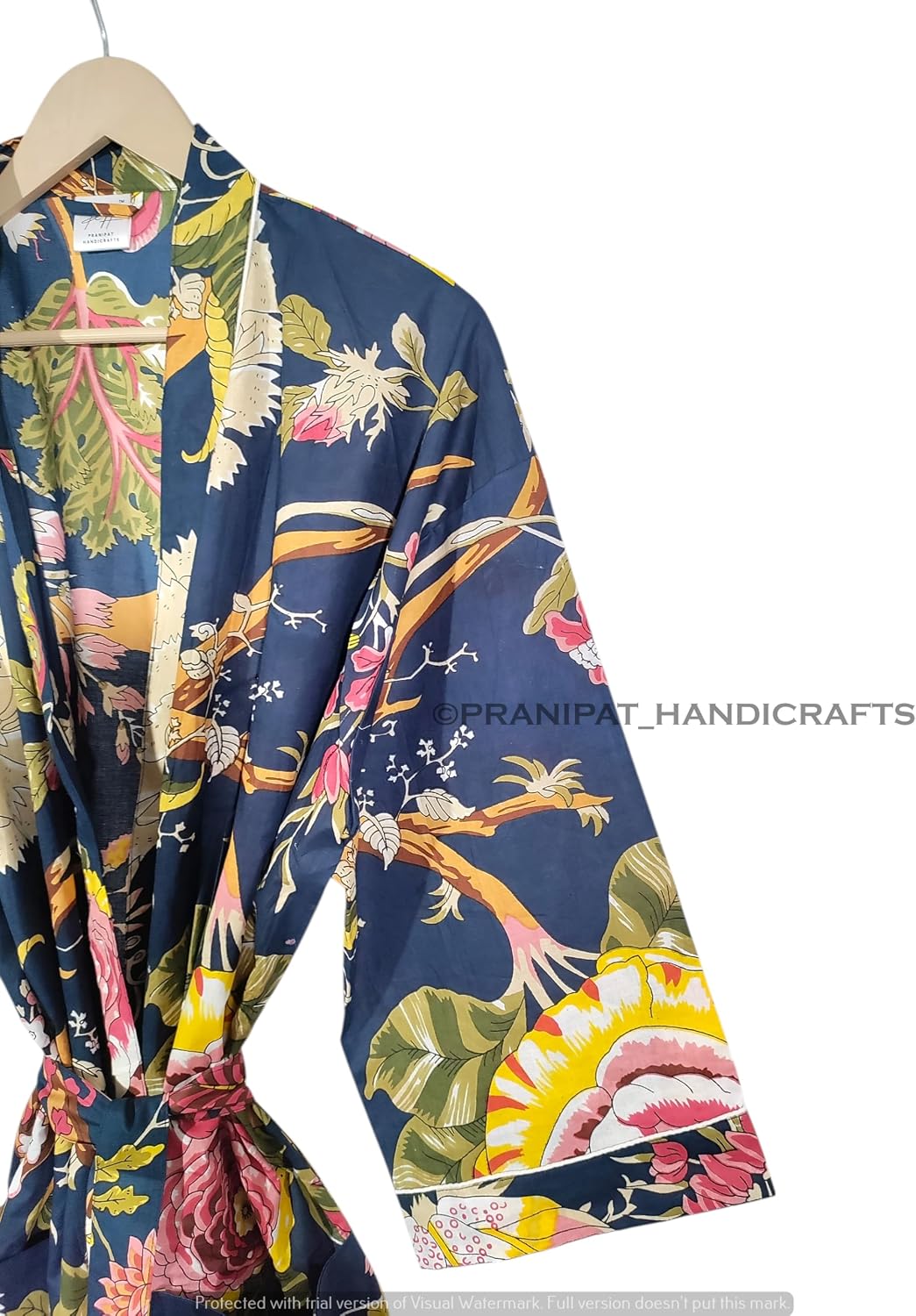 Women Cotton Kimono Robe, Navy Blue Floral Print, Lightweight, Sleepwear, Long Beach Cover Up, Plus Size, One Size