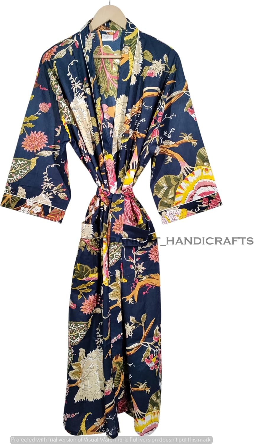 Women Cotton Kimono Robe, Navy Blue Floral Print, Lightweight, Sleepwear, Long Beach Cover Up, Plus Size, One Size