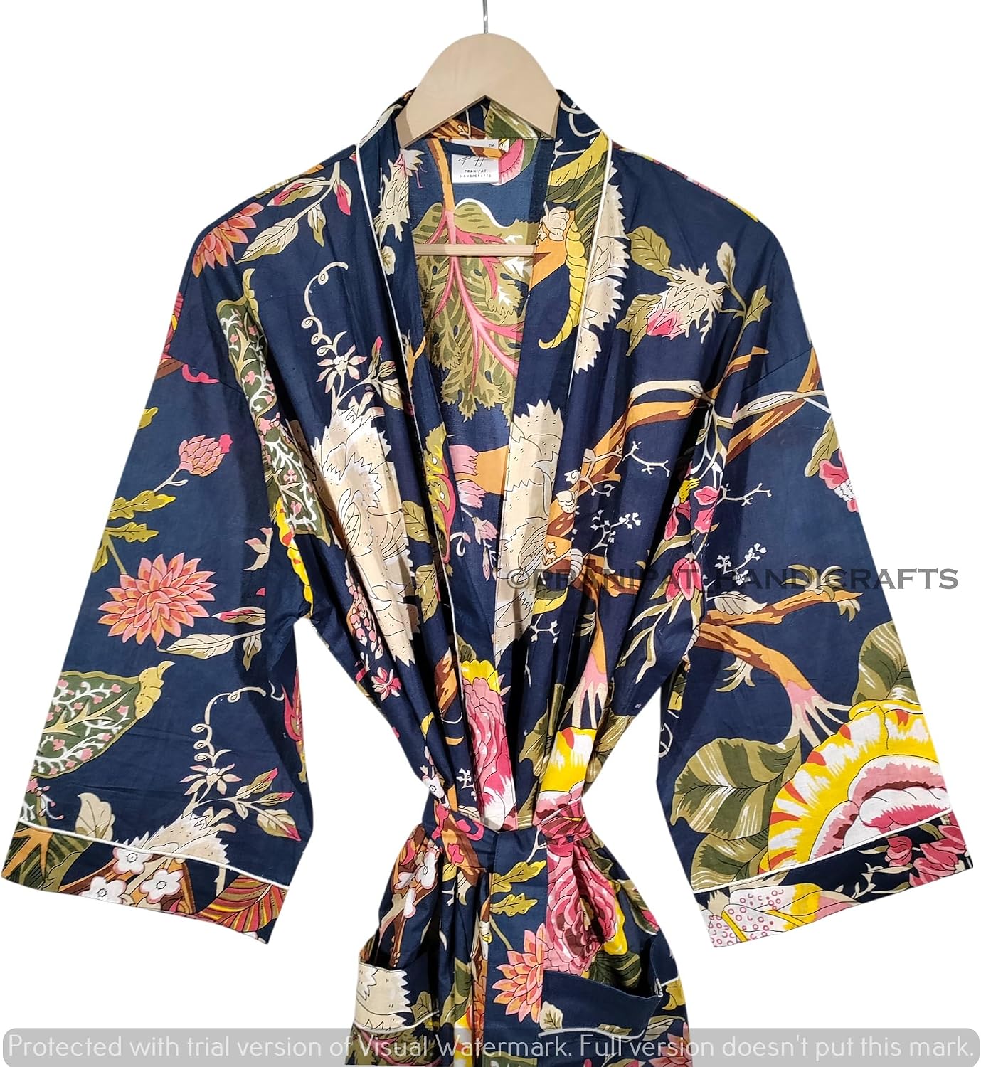 Women Cotton Kimono Robe, Navy Blue Floral Print, Lightweight, Sleepwear, Long Beach Cover Up, Plus Size, One Size