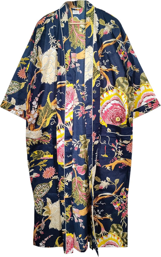 Women Cotton Kimono Robe, Navy Blue Floral Print, Lightweight, Sleepwear, Long Beach Cover Up, Plus Size, One Size
