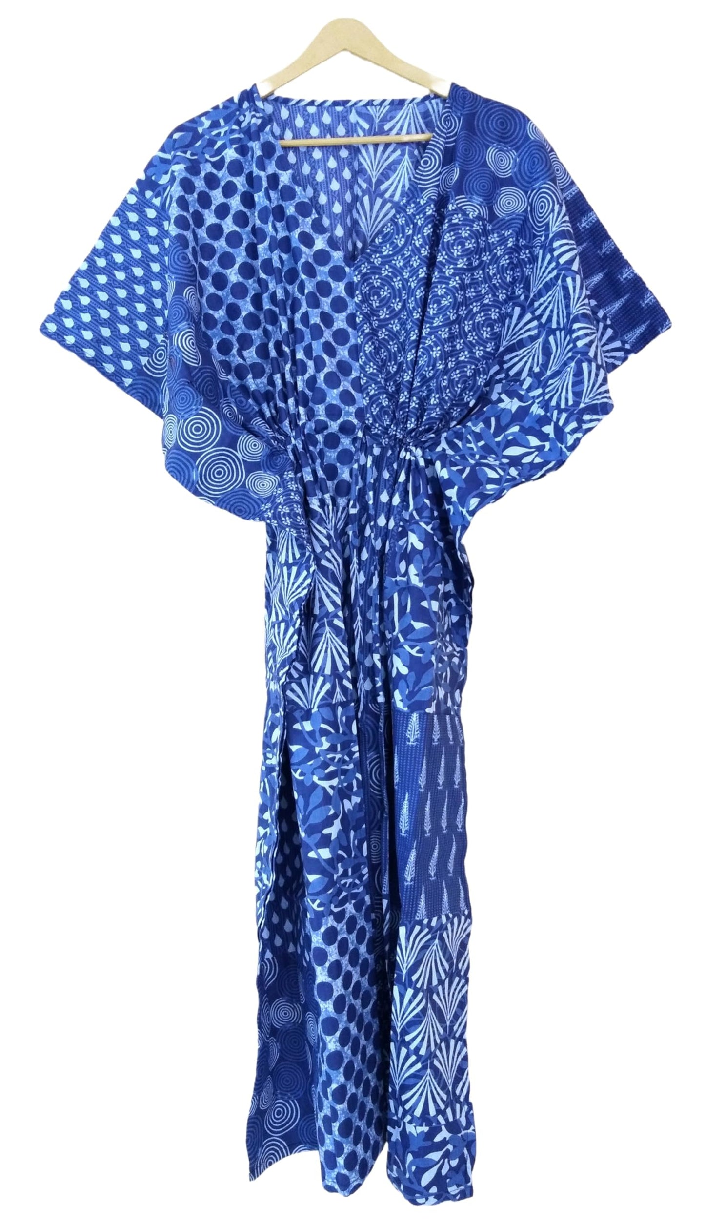 Cotton Maxi Dress, Sleepwear, Patchwork Print Caftan, Lightweight Beach Cover Up, One Size, Red