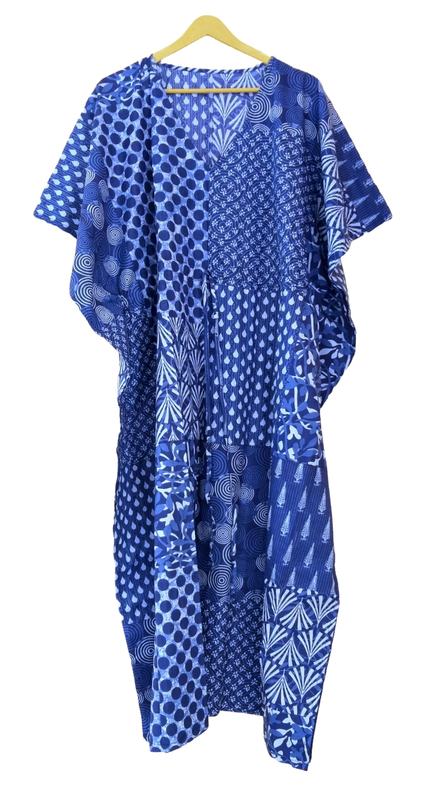 Cotton Maxi Dress, Sleepwear, Patchwork Print Caftan, Lightweight Beach Cover Up, One Size, Red
