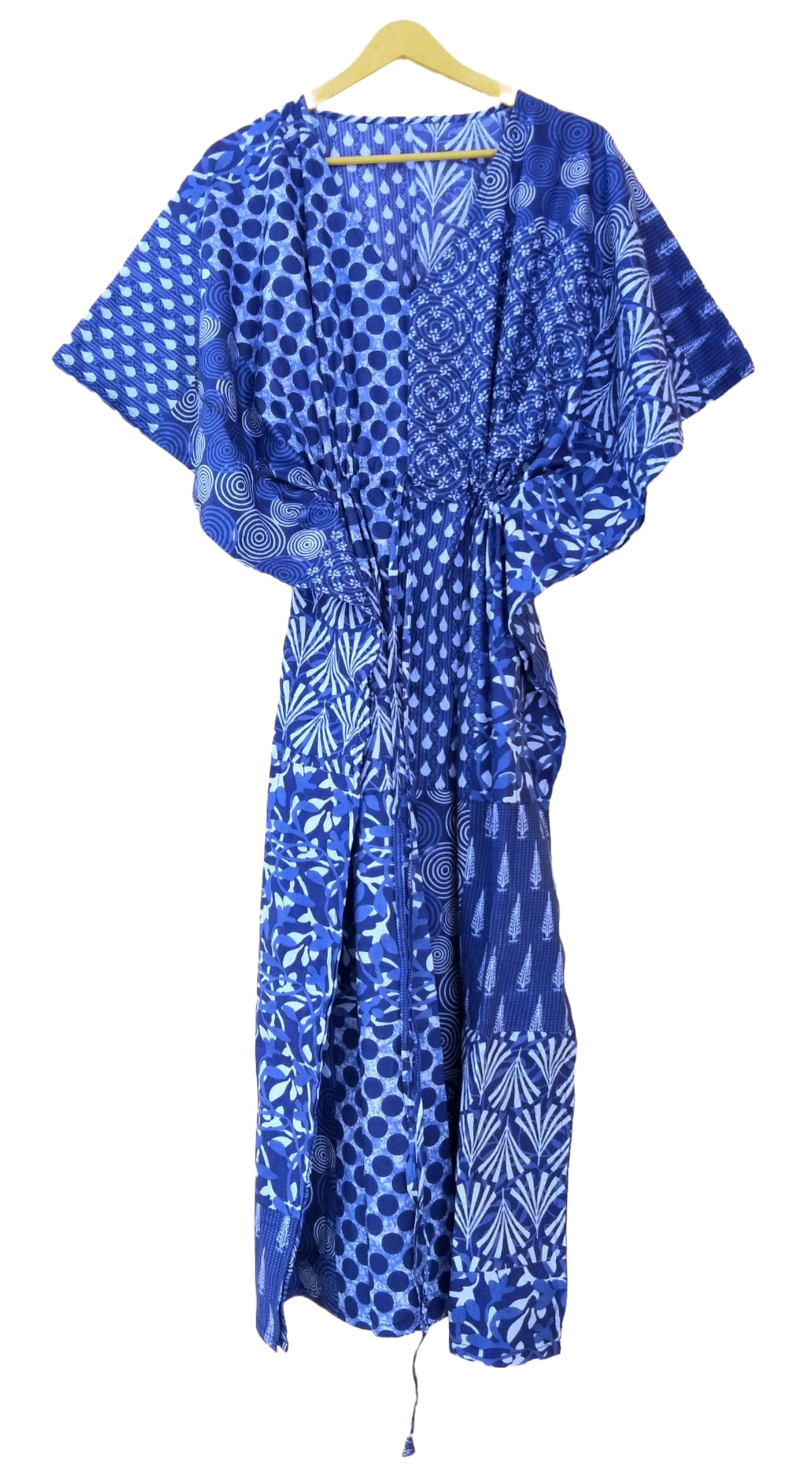 Cotton Maxi Dress, Sleepwear, Patchwork Print Caftan, Lightweight Beach Cover Up, One Size, Red