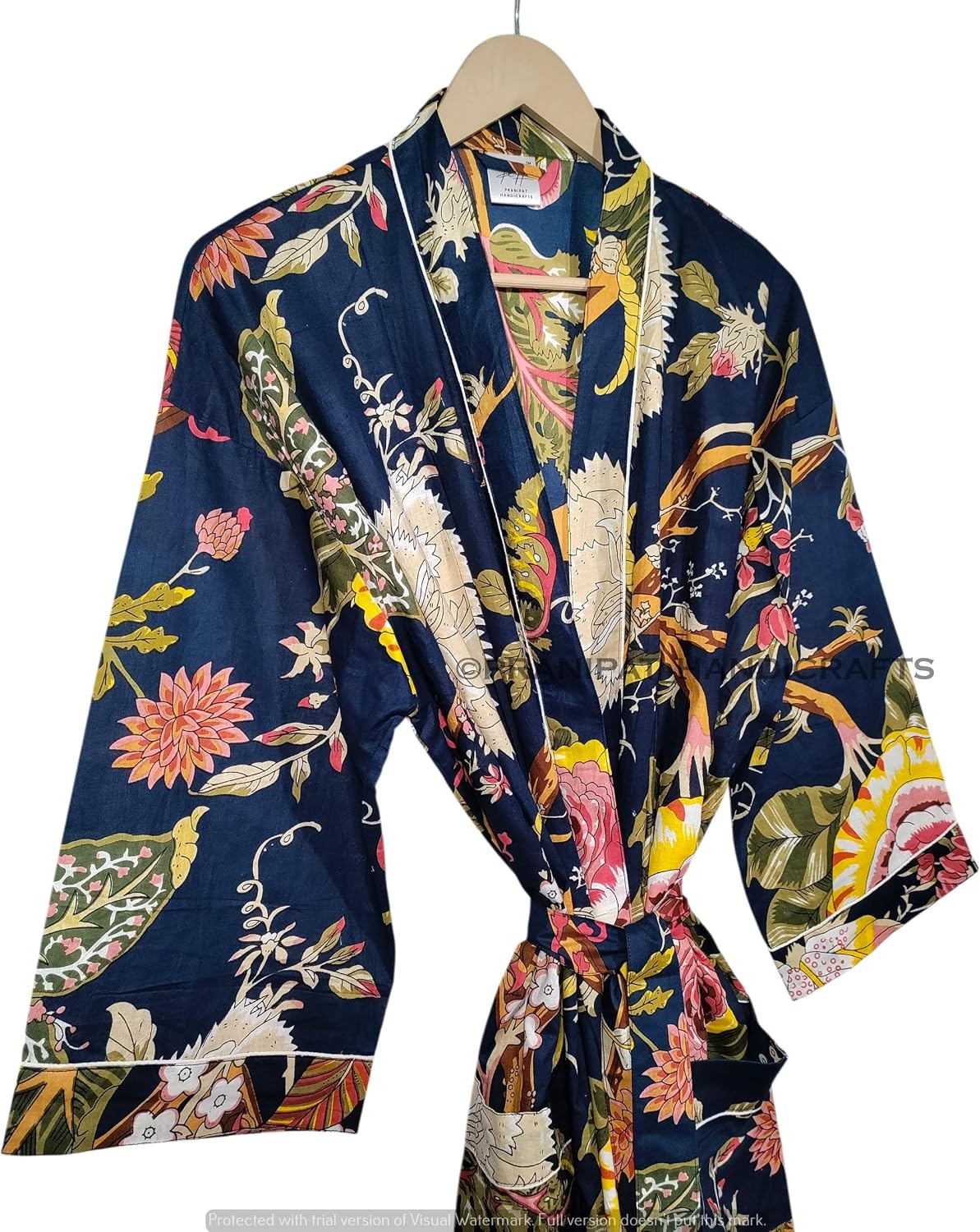 Women Cotton Kimono Robe, Navy Blue Floral Print, Lightweight, Sleepwear, Long Beach Cover Up, Plus Size, One Size
