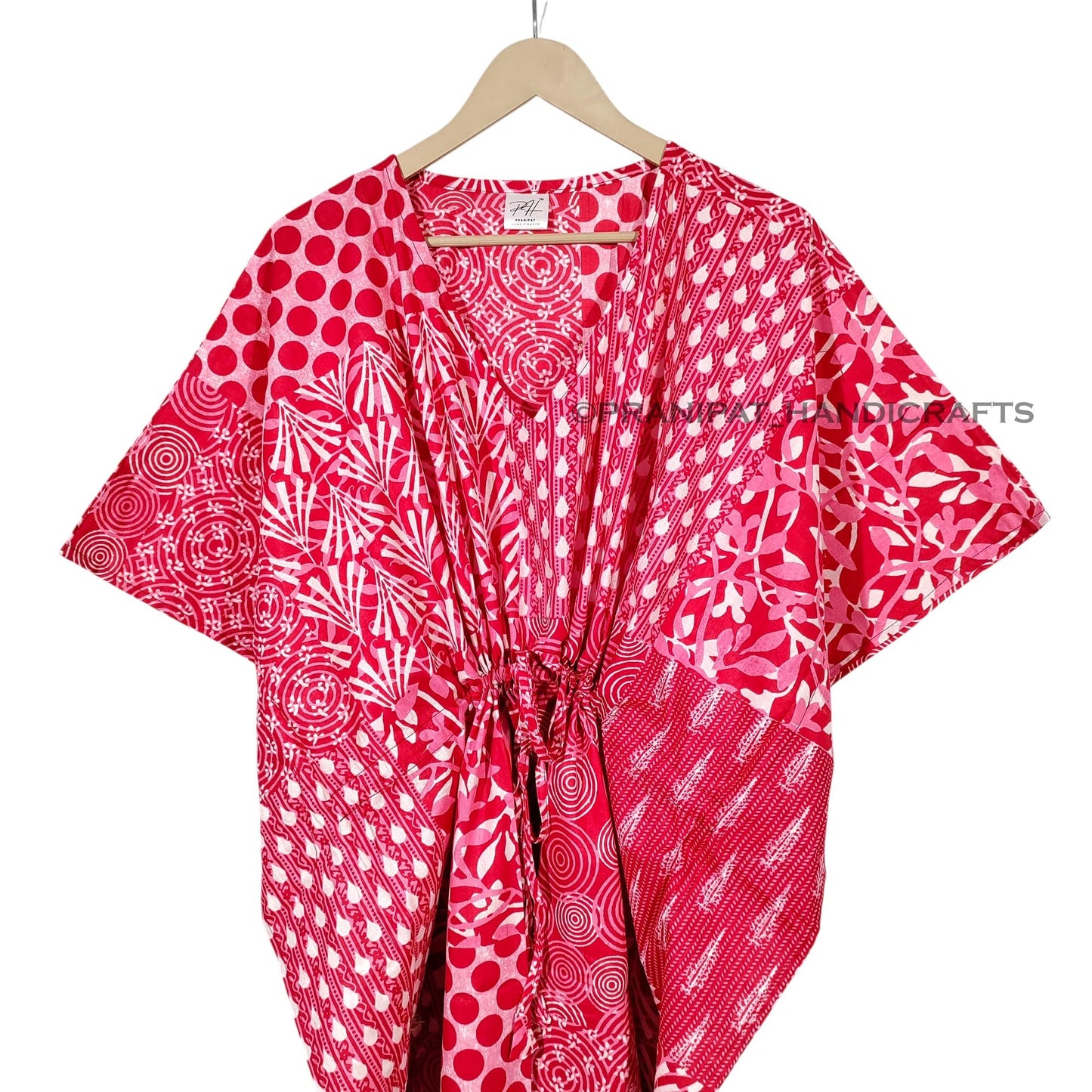 Cotton Maxi Dress, Sleepwear, Patchwork Print Caftan, Lightweight Beach Cover Up, One Size, Red
