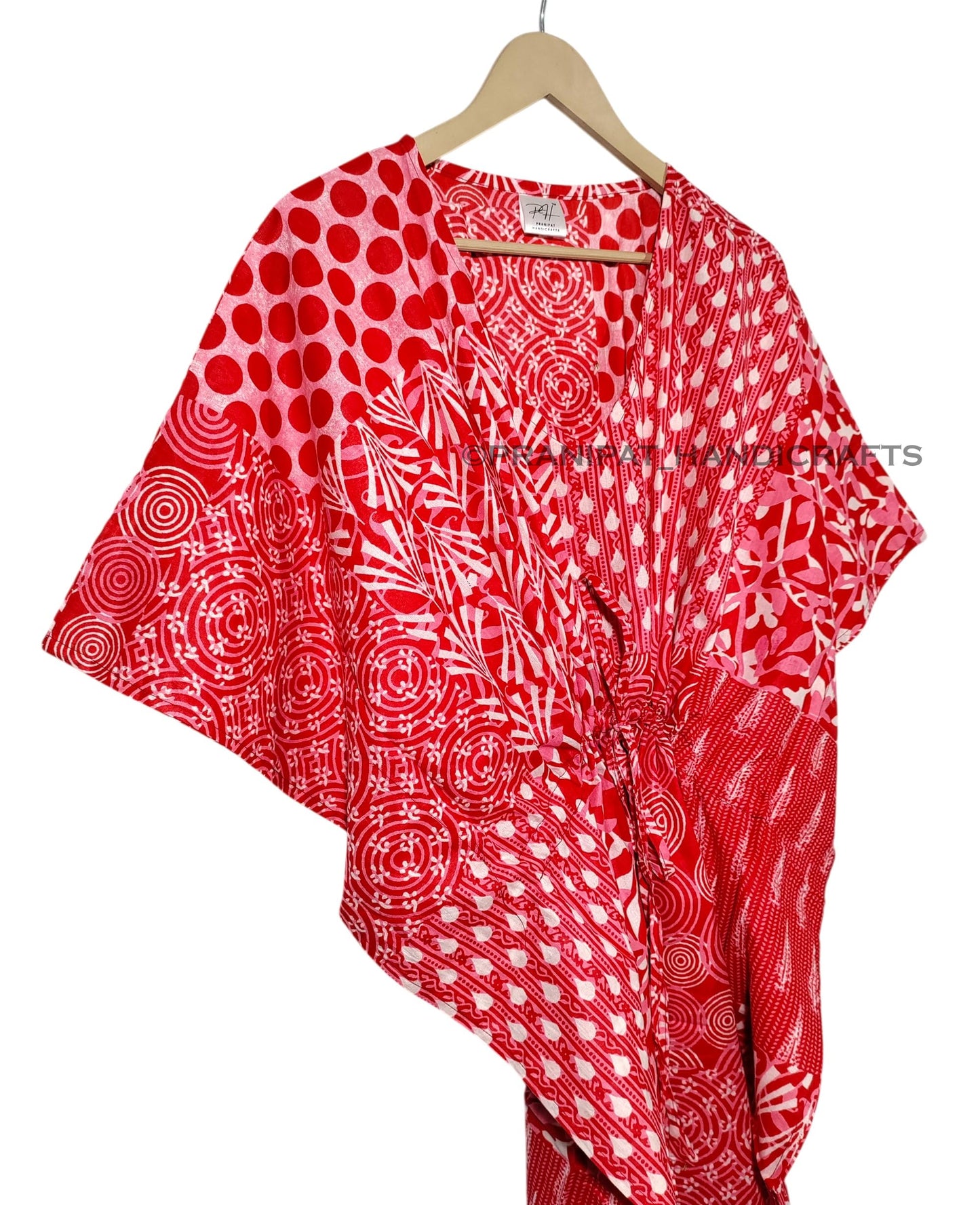 Cotton Maxi Dress, Sleepwear, Patchwork Print Caftan, Lightweight Beach Cover Up, One Size, Red