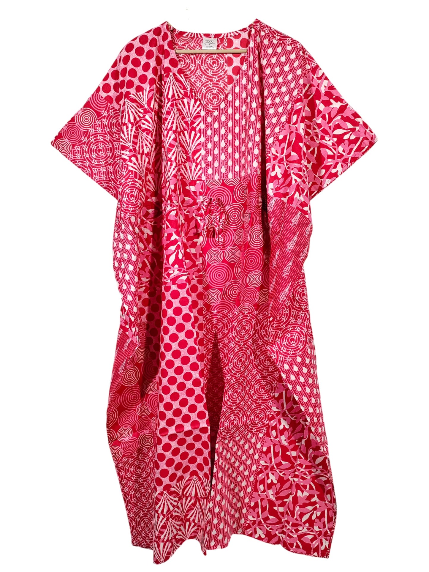 Cotton Maxi Dress, Sleepwear, Patchwork Print Caftan, Lightweight Beach Cover Up, One Size, Red