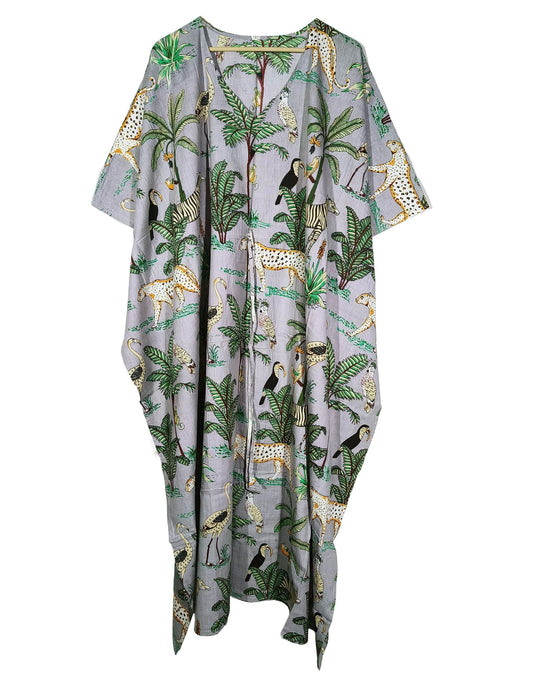 Animal Print Dress Sleepwear 100% Cotton Ethnic Maxi Beach cover up nightwear Caftan Dress