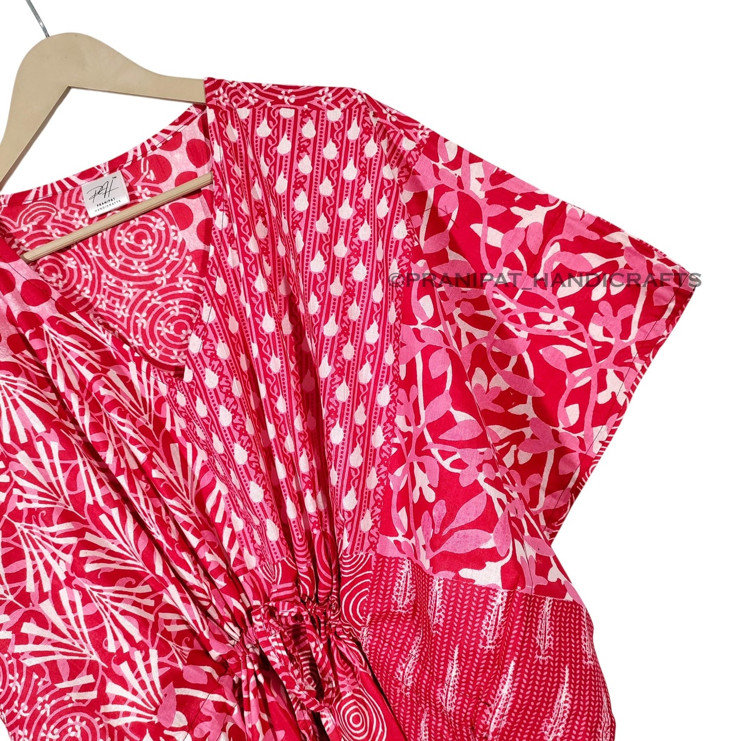Cotton Maxi Dress, Sleepwear, Patchwork Print Caftan, Lightweight Beach Cover Up, One Size, Red
