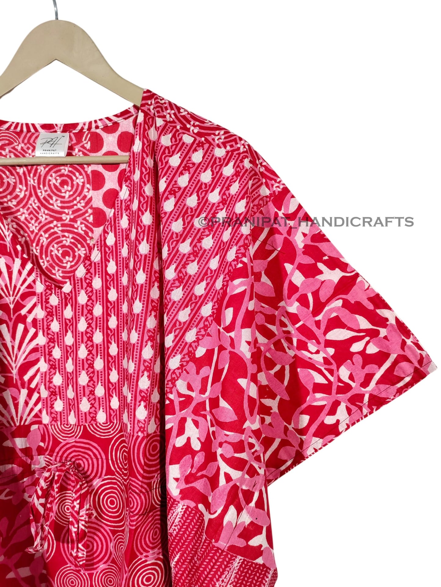 Cotton Maxi Dress, Sleepwear, Patchwork Print Caftan, Lightweight Beach Cover Up, One Size, Red