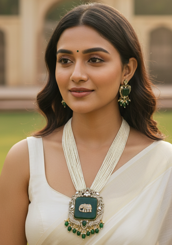 Women Antique Gold Plated Multi Layer Peral Elephant Charm Green Jewelry Set for Women