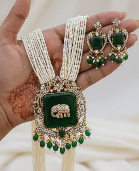 Women Antique Gold Plated Multi Layer Peral Elephant Charm Green Jewelry Set for Women