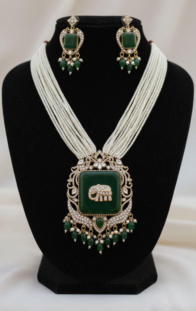 Women Antique Gold Plated Multi Layer Peral Elephant Charm Green Jewelry Set for Women