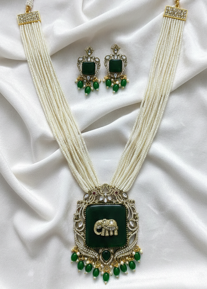 Women Antique Gold Plated Multi Layer Peral Elephant Charm Green Jewelry Set for Women