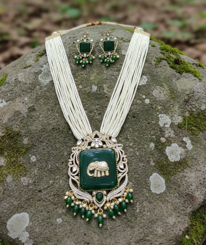 Women Antique Gold Plated Multi Layer Peral Elephant Charm Green Jewelry Set for Women