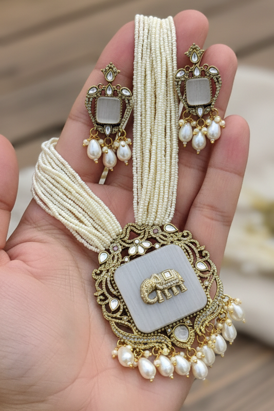 Women Antique Gold Plated White Elephant Charm Multi Layer Pearl Jewelry Set