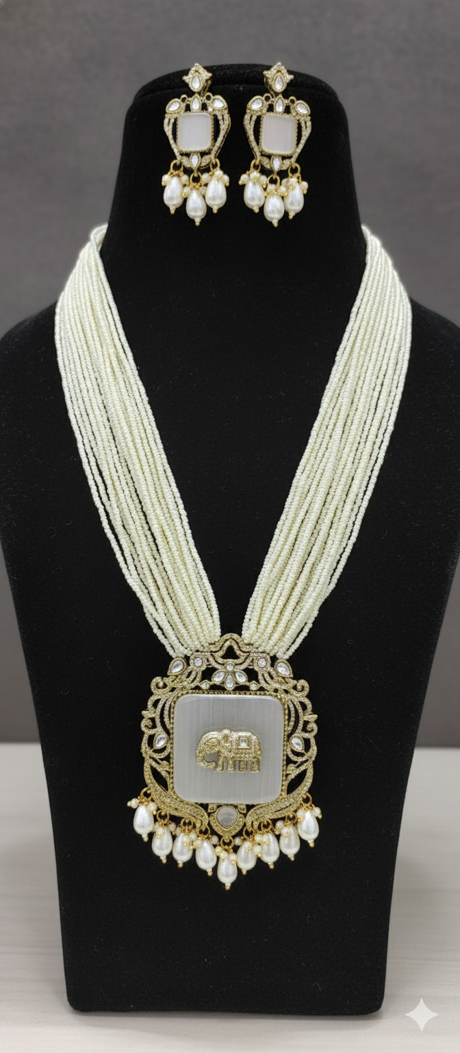 Women Antique Gold Plated White Elephant Charm Multi Layer Pearl Jewelry Set