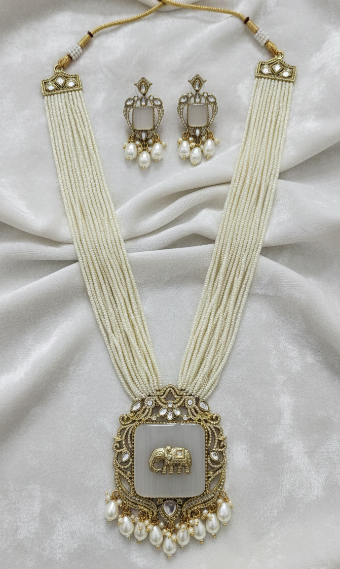 Women Antique Gold Plated White Elephant Charm Multi Layer Pearl Jewelry Set