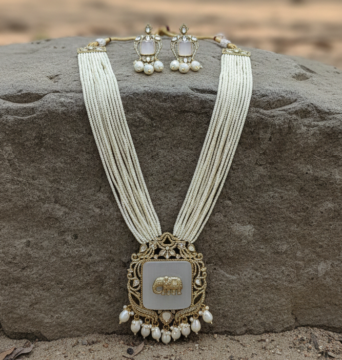 Women Antique Gold Plated White Elephant Charm Multi Layer Pearl Jewelry Set