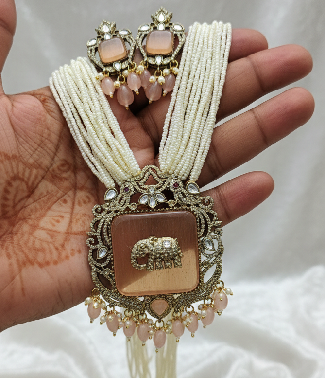 Antique Gold Plated Peach Elephant Multi Layer Pearl Bridal Jewelry Set with Earrings