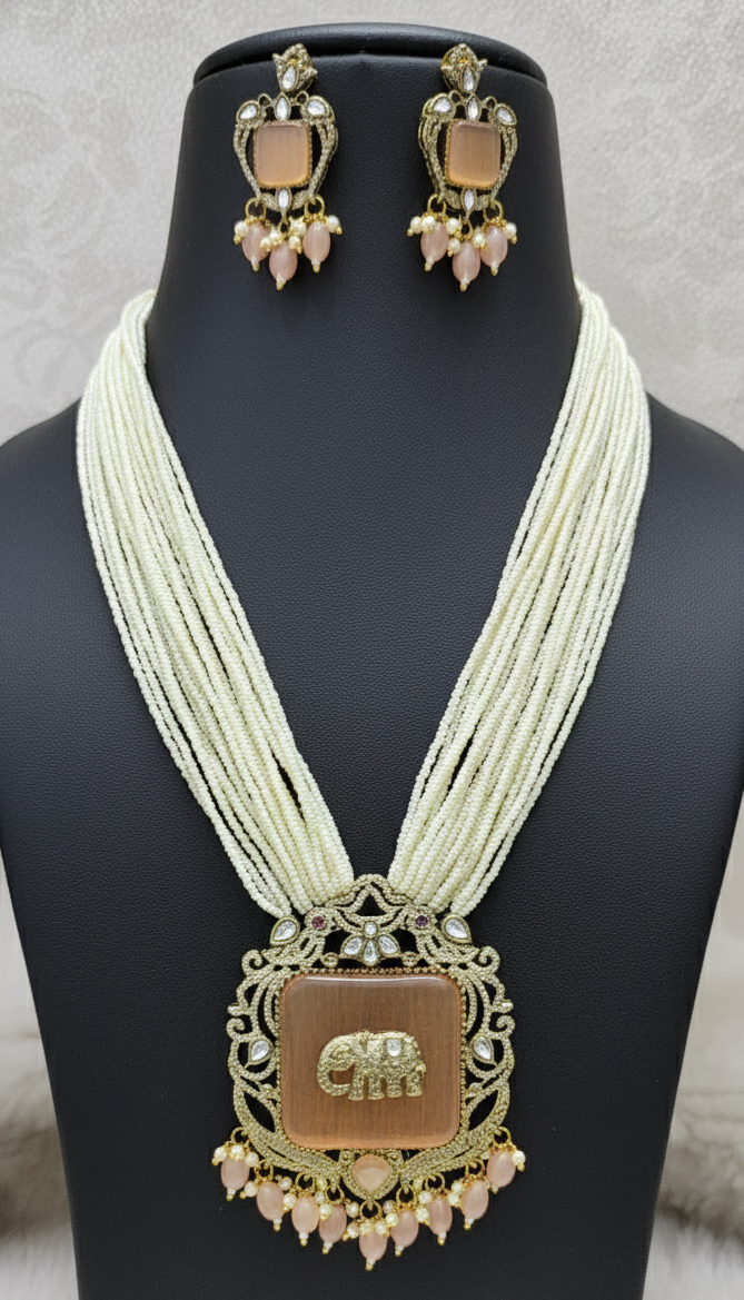 Antique Gold Plated Peach Elephant Multi Layer Pearl Bridal Jewelry Set with Earrings