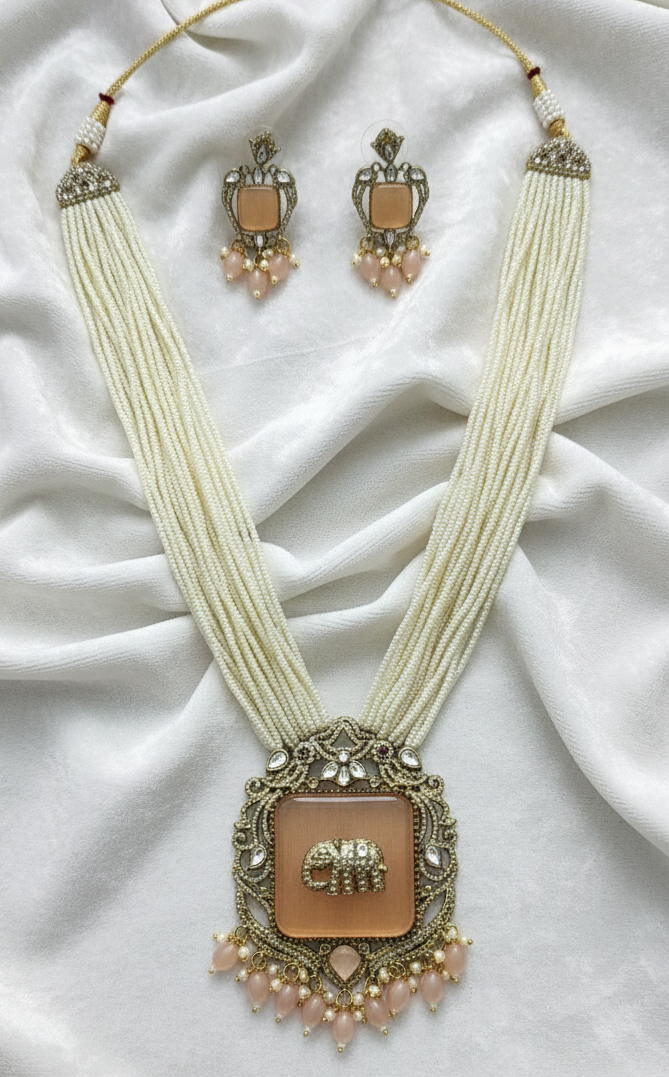 Antique Gold Plated Peach Elephant Multi Layer Pearl Bridal Jewelry Set with Earrings
