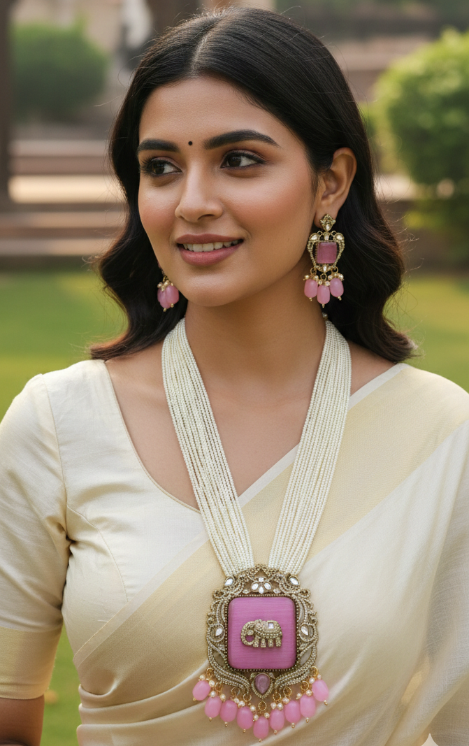 Antique Gold Plated Elephant Baby Pink Multi Layer Pearl Bridal Jewelry Set with Earrings