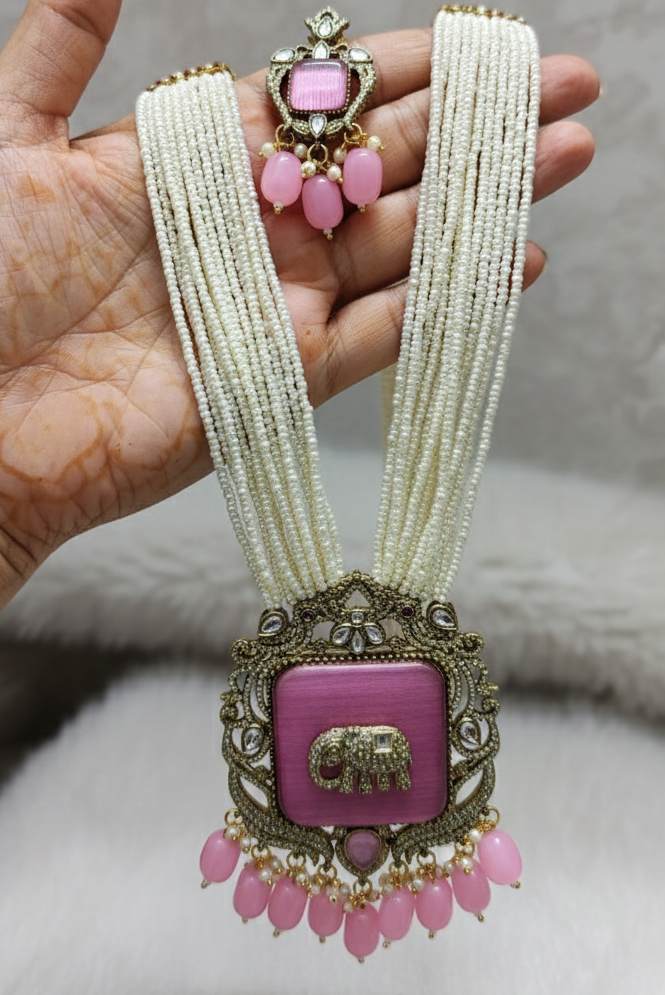 Antique Gold Plated Elephant Baby Pink Multi Layer Pearl Bridal Jewelry Set with Earrings