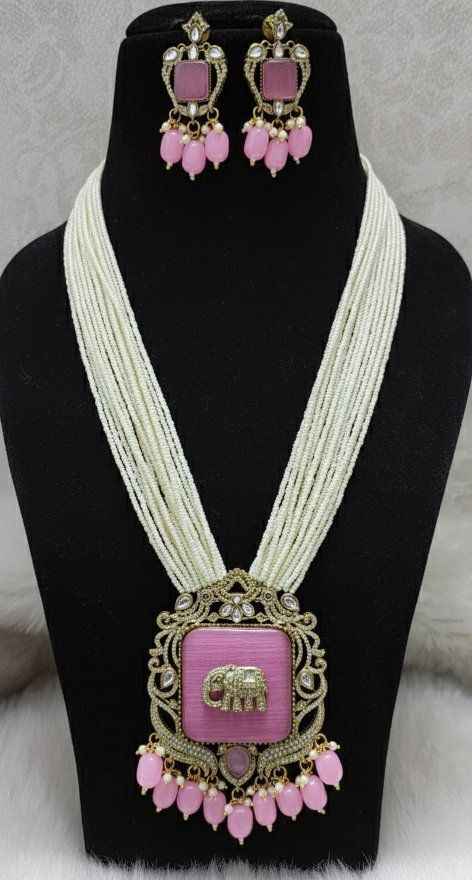 Antique Gold Plated Elephant Baby Pink Multi Layer Pearl Bridal Jewelry Set with Earrings